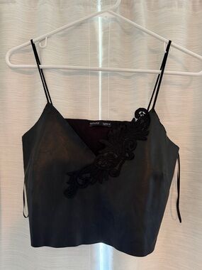 Zara Faux Leather Spaghetti Strap Crop Top - Black, Size Small